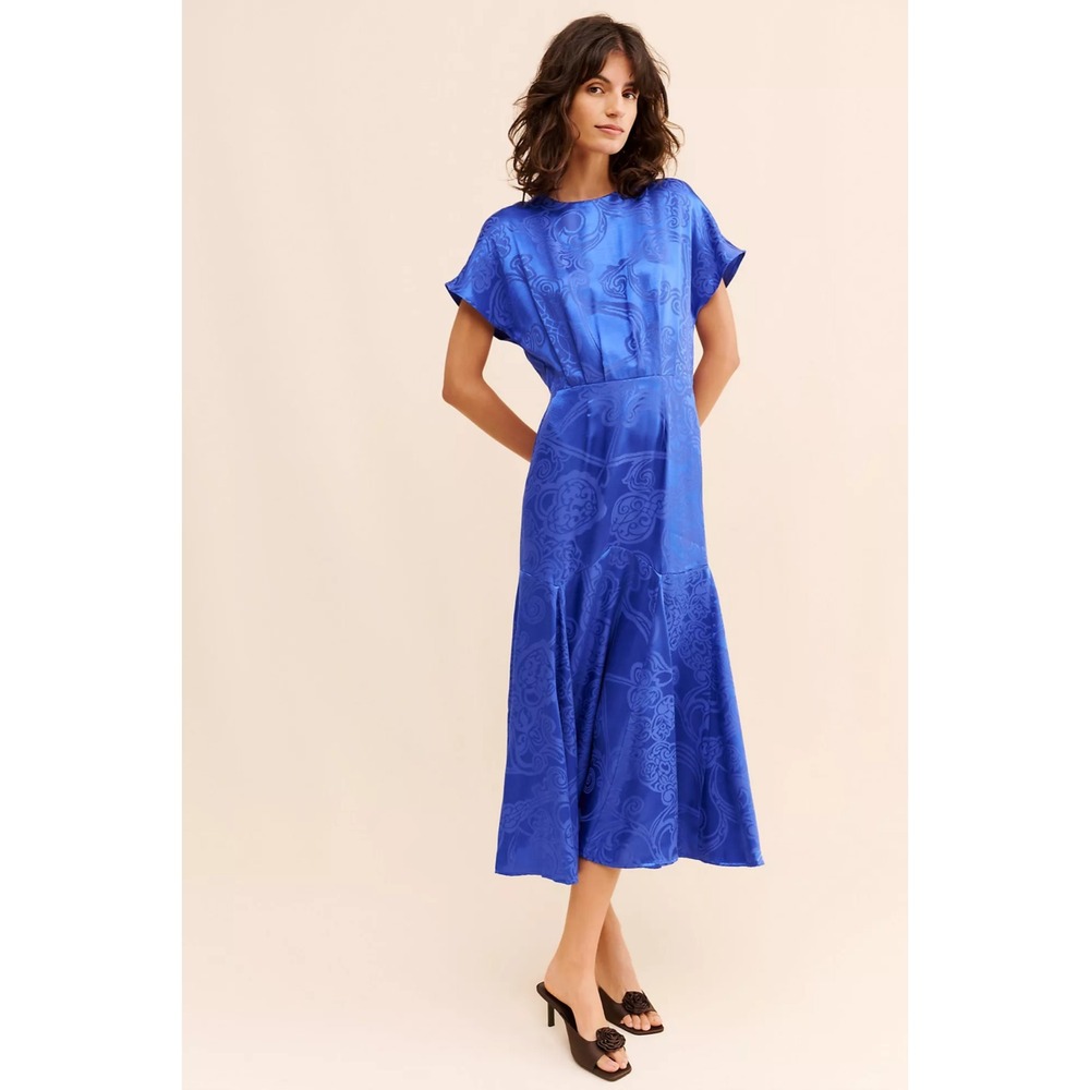 Never Fully Dressed Blue Jacquard Satin Midi Dress Flowy Short Sleeve US 8